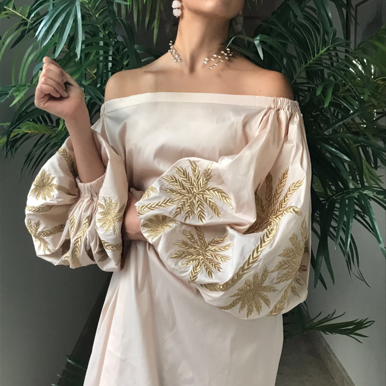 green emerald velvet dress Maddie Cream with Tan Palm Tree Embroidery Midi Dress Small